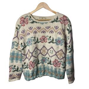 Vintage Express Tricot Hand Knit Sweater Womens L Angora Floral Cottagecore